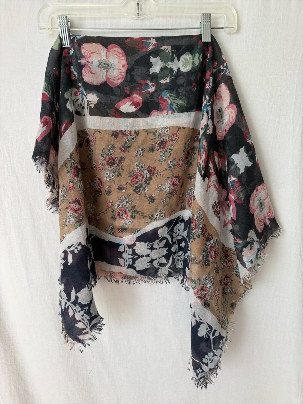Floral Patchwork Oversized Scarf Wrap Black Tan Pink